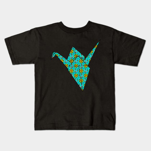 Turquoise origami crane yellow flowers Kids T-Shirt by theorigamiuniverse